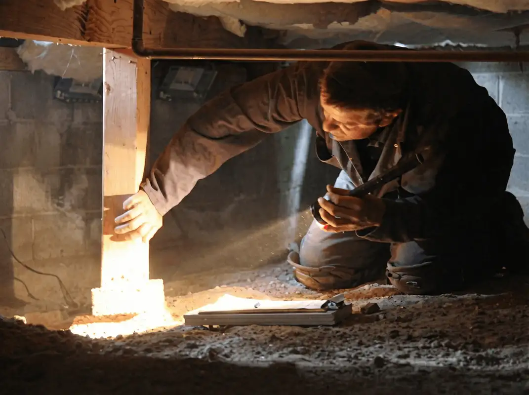 A professional inspecting wooden beams under the floor of a structure in Tulsa, OK